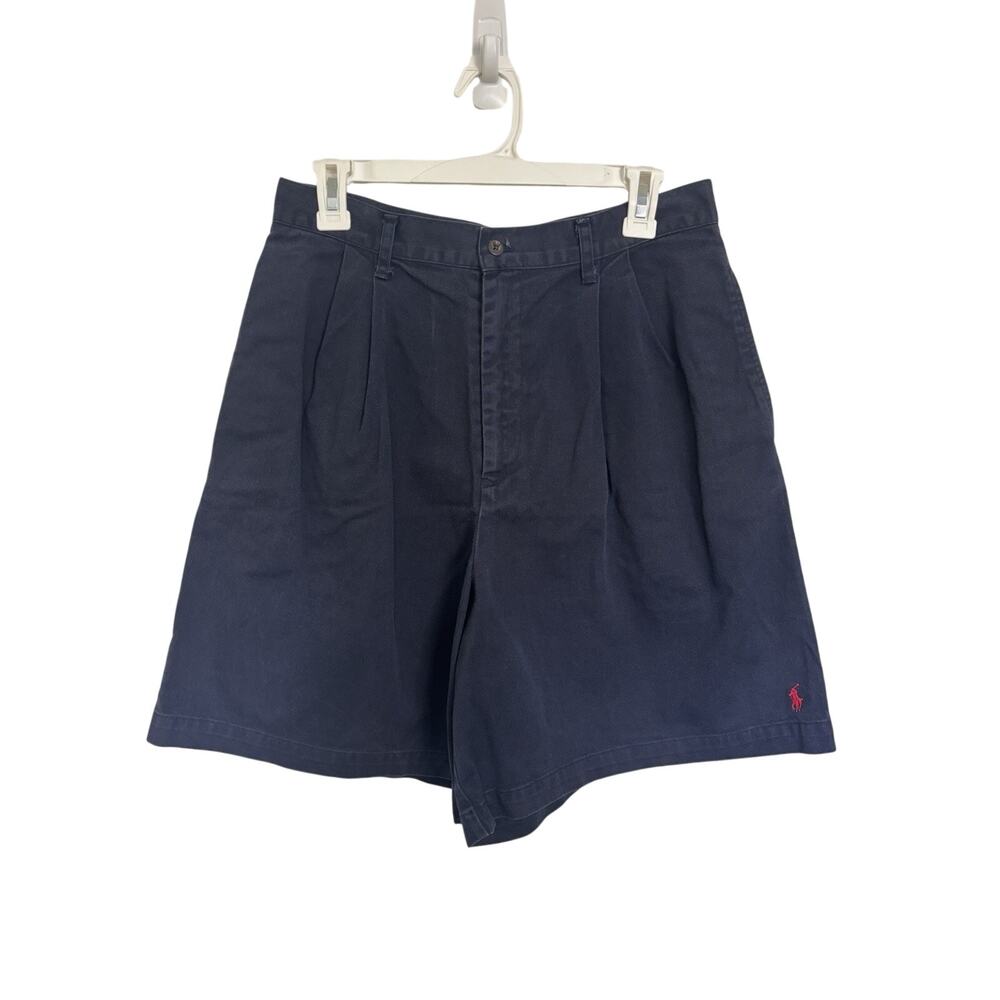 Vtg 90s Ralph Lauren Navy Pleated High Rise Shorts 12 Talon Made in USA Pony